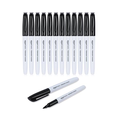 Amazon Basics Fine Tip Permanent Markers for Writing, Drawing, Quick Drying, Office, School, and Home Use, Black, 12 Pack