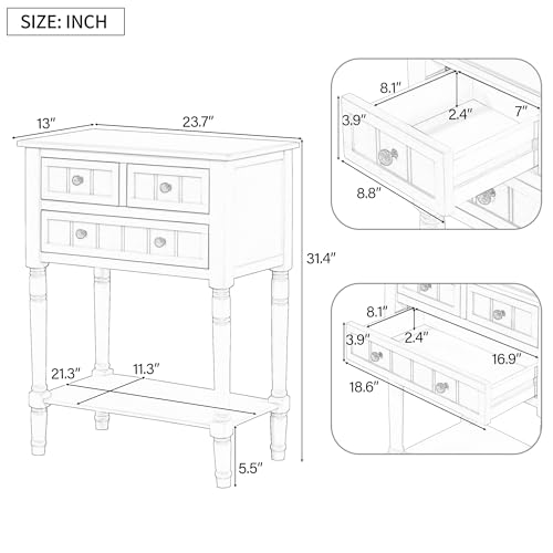 Knocbel Slim Antique Entry Console Table with 3 Drawers & Bottom Open Shelf, Solid Wood Narrow Sofa Couch Table for Entryway Hallway Living Room 23.7" W x 13" D x 31.4" H Natural