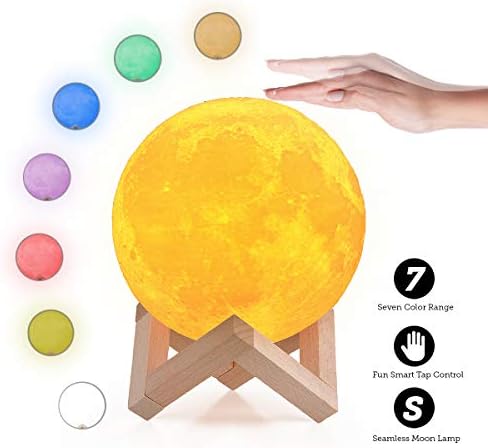 IDEAcone 7 Color Large Moon Lamp, Tap Control/Switch Rechargable Modern Home 3D Printing Lamp, Moon Night Light with Wooden Mount