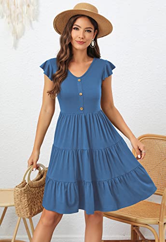 Image of Lamilus Summer Dresses for Women 2026 Ruffle Sleeve V Neck Non-See Through Tiered Babydoll Mini Dress Graduation Beach