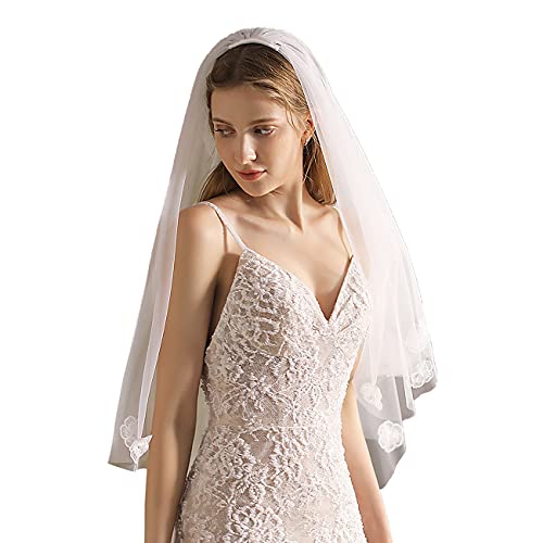 JZJZ Voile de Mariage 2 Niveaux Dentelle Fleur Bord de Perle Voile de mariée Accessoires pour Cheveux en Tulle avec Peigne (Blanc) Cover