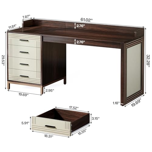 Image of Tribesigns 61-Inch Computer Desk with 4 Drawers, Mid-Century Modern Office Desk with Storage, Wood Study Writing Table for Home Office, Study Room, Bedroom, Brown & Beige