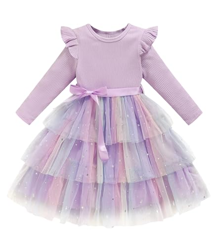 Sinhoon Toddler Dress Girls Ruffle Long Sleeve Layered Tulle Dress Fall Spring Fashion Party Dresses (Purple, 5T)