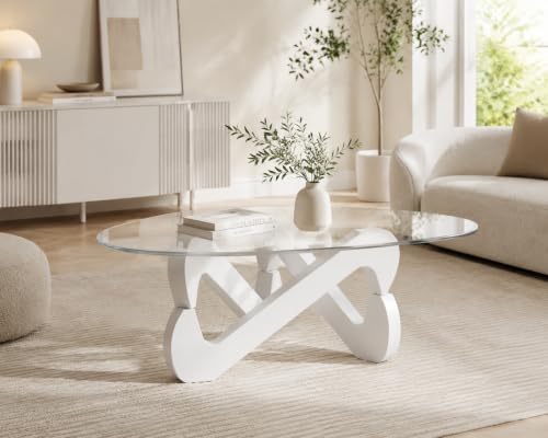 Table basse, table basse triangulaire en verre, table basse moderne avec base triangulaire en bois massif et verre trempé épais, table d'appoint, table basse originale pour salon, bureau (blanc)