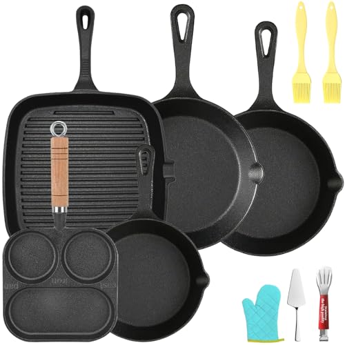 Cast Iron Skillet 5-Piece Set, Heavy-Duty Professional Restaurant Chef Quality Pre-Seasoned Pan Cookware Set, for Frying, Saute, Cooking, Use Indoor/Outdoor, Oven, Grill