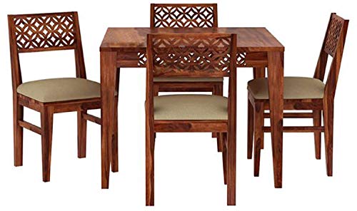 Image of CNC Cuting Sheesham Wood Dining Table 4 Seater Set | Wooden 4 Seater Dining Furniture | 4 Chairs with Cushion Teak Wood Dining Table Set Furniture for Living Room (Honey Finish)