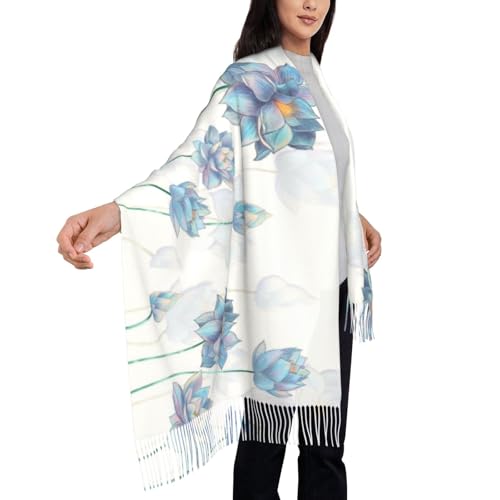 Pale Blue Lotus Flowers Print Women's Scarf Pashmina Shawls and Wraps for Wedding Evening Party Long Warm Scarves3