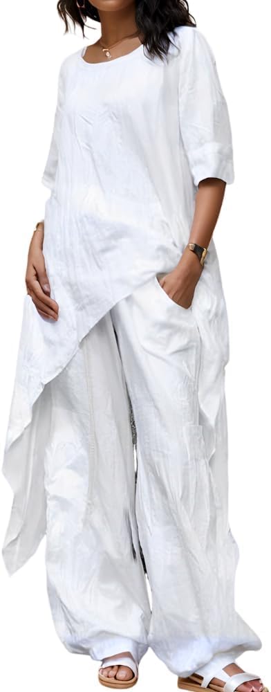 2 Piece Cotton Set for Women Long Sleeve Irregular Pullover Linen Shirt Fall Casual Wide Leg Pants Suit