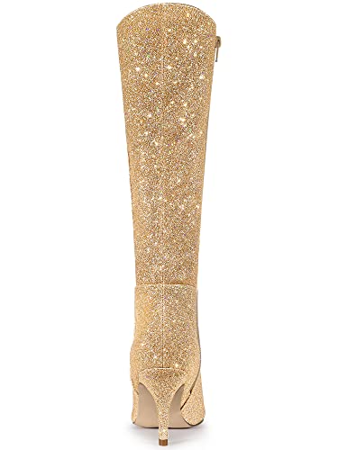 Allegra K Allegra K Women's Pointy Toe Sparkle Glitter Stiletto Heel Gold Knee High Boots 9 M US