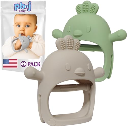 PBnJ baby 2 Packs Baby Teething Toy for 0-6 6-12 Months, Food Grade Silicone Teething Mitten, No Dropping Wrist Hand Teethers Baby Chew Toys for Sucking Needs, BPA Free (Beige & Green)