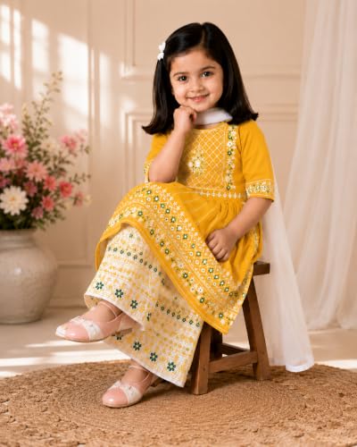 Image of Girls Embroidered Printed Kurta with Printed Palazzo Set, Ethnic Wear, 3-Piece