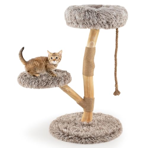 COSTWAY 90 cm Kratzbaum Holz, Katzenbaum mit 3 Plüschsitzflächen, Seil & Kratzpfosten aus Jute, Katzenturm Katzenmöbel Massivholz, Katzenkratzbaum...
