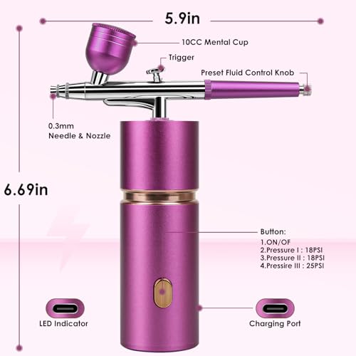 Aerógrafo para unhas, kit de aerografia 36PSI de alta pressão sem fio, conjunto de escova de ar com