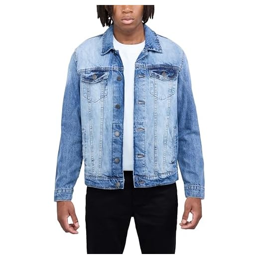 X RAY Jaqueta jeans masculina, lavada rasgada, desgastada, flexível, elástica, casual, caminhoneiro, jaqueta jeans masculina, Azul médio, 3G