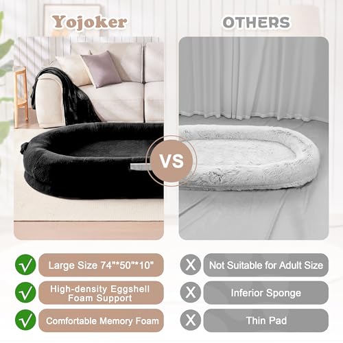 Yojoker Human Dog Bed for People Adults, 3 in 1 Giant Foldable Bean Bag Bed with Blanket, Washable Faux Fur Nap Floor Bed Adult for People, Pets Removable Large Memory Foam Human Sized Dog Bed Black