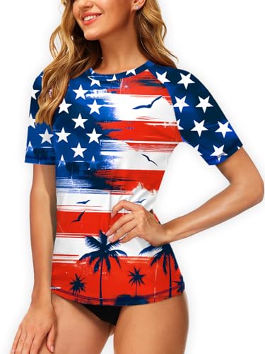 Image of AOBUTE Women Short Sleeve Rash Guard UPF 50+ Tropical Sun Protection Floral Swim Shirts