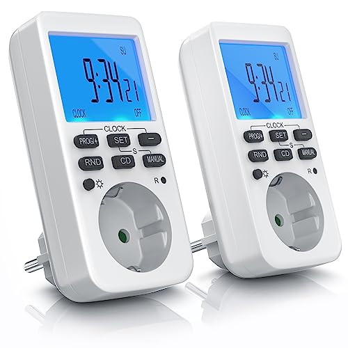 CSL - 2X Digitale Zeitschaltuhr Steckdose mit 10 konfigurierbaren wöchentlichen Programme und einbruchsicheren Zufallsfunktion für Innen (230V / 16A / 3680W) Weiß