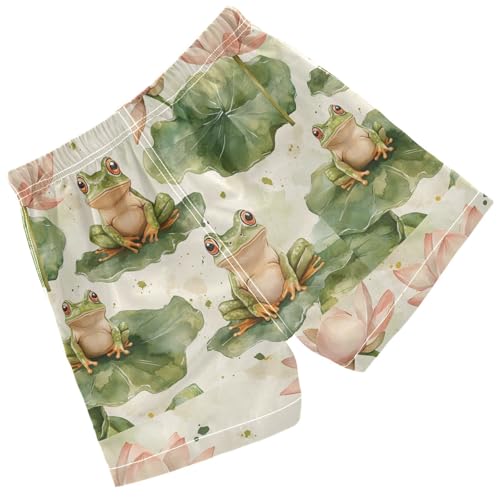 Pigsaly Boys' Swim Board Shorts Vintage Watercolor Lotus Flowers Green Frogs Boy's Swim Trunks Kids Swimwear S2