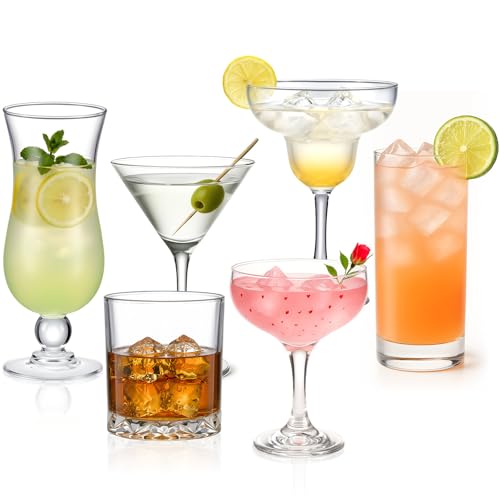 LemonRoad Mixed Drinkware Set of 6 Cocktail Glasses Set Mixed Drink Cocktail Martini Whiskey Highball Margarita Hurricane Coupe Glasses Gift for Entertaining and Home Bar Party Accessories