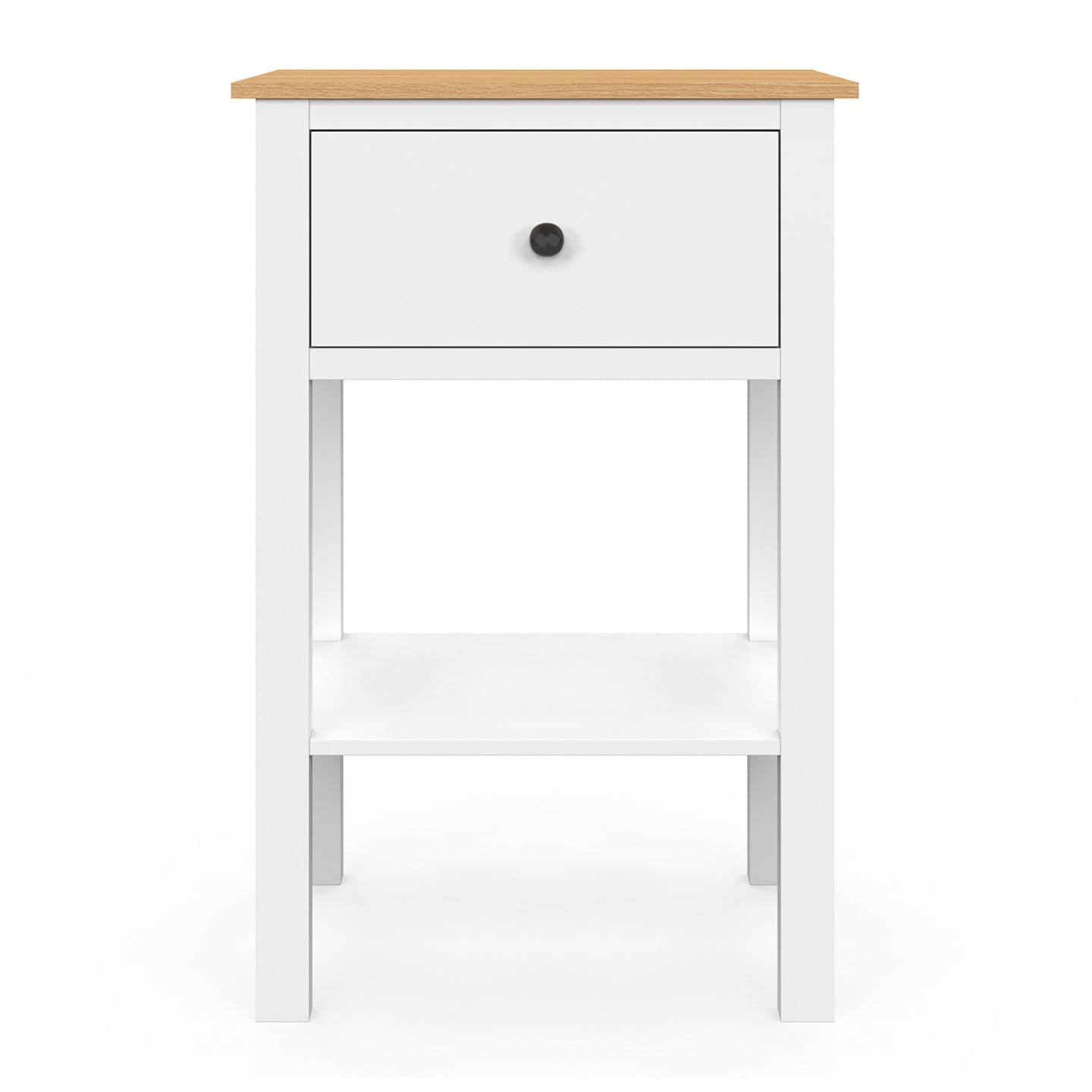 IDMarket – Juego de 2 mesillas de noche Achille con 1 cajón, 1 estante y bandeja, color blanco y tablero de madera