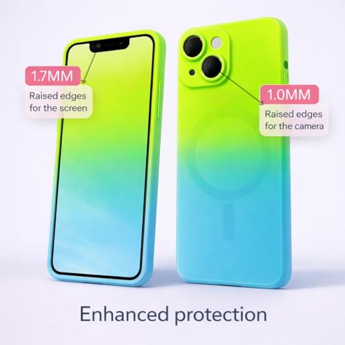 Image of amazon basics Gradient Mag-Safe Case for iPhone 14 | Soft Silicone Shockproof Cover with Camera Protection | Slim Lightweight Design | Smooth Touch & Durable - Green & Blue