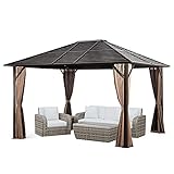 Pamapic 10'x12' Hardtop Patio Gazebo with Fully Enclosed Zipper Curtains & Breathable Mesh for Garden,Lawn,Outdoor Parties,Brown