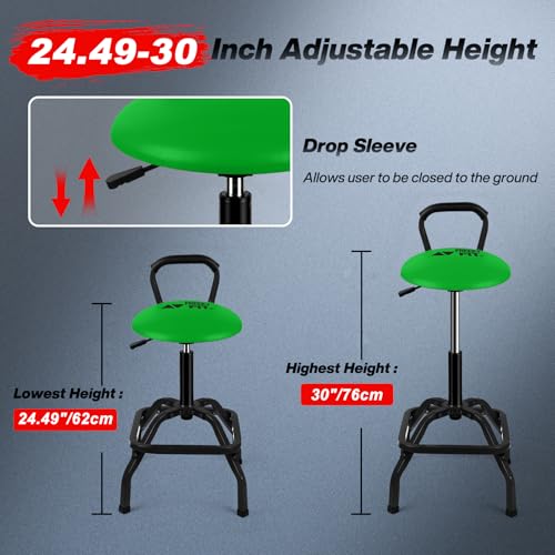 Image of Garage Stool, Adjustable Height Swivel Work Mechanic Shop Stool with Backrest, Pneumatic Shop Chair for Home, Workshop, 300 LBS Capacity, 360 Rotation, Heavy Duty, Green