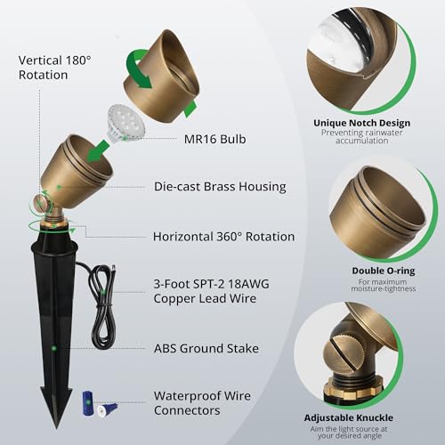 GKOLED Solid Brass Low Voltage Compact Spotlight, 12V AC/DC Waterproof Outdoor Landscape Spot Lights for House Trees Garden Yard Lawn, Up Light with 5W 2700K MR16 Bulb, Stake Included, 12 Pack by GKOLED - Image 3