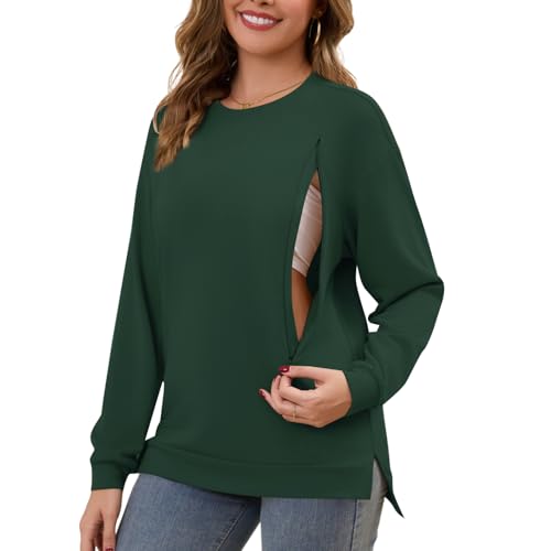 Tjukufpa Women Nursing Sweatshirt for Breastfeeding Hidden Zippers Nursing Tops Long Sleeve Comfortable Maternity Sweater Dark Green