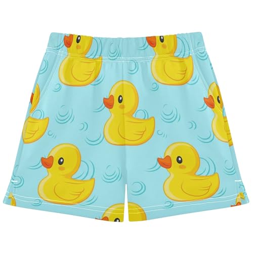 Girls Cute Yellow Ducks Print Shorts Light Blue for Kids Lounge Pajama Activewear Comfy Summer Clothes, X-Small