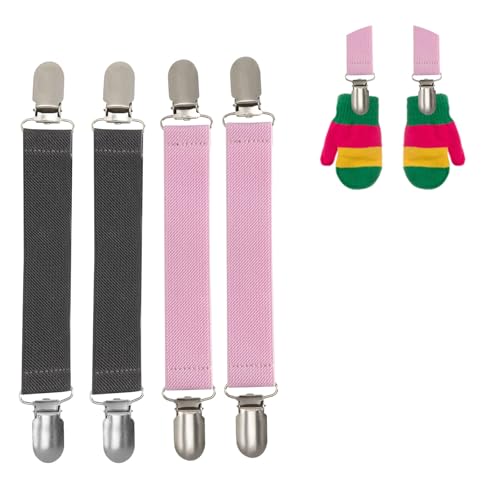 4PCS Elastic Mitten Clips Stainless Steel Gloves Straps for Kids and Adults - Clothes Dress Sweater Shawl Fit Cinch Waist Clips(Pink&Grey)