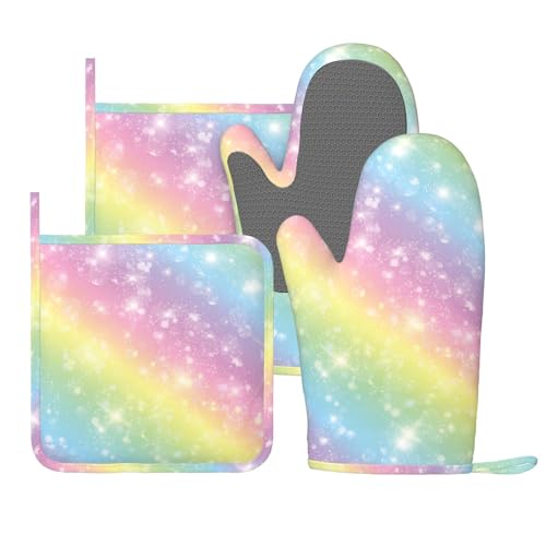 Cute Bright Colorful Pastel Unicorn Sky Pretty Oven Mitts and Pot Holders Set of 4 Silicone Heat Resistant Oven Mitten Potholders Non Slip Gloves Kitchen Decor for BBQ Cooking Grilling Baking