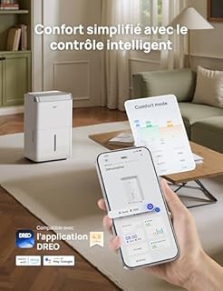 Dreo Déshumidificateur d’air 20L/jour, Wi-Fi & Alexa, avec réservoir d'eau 3.4L, Pour 40㎡/100m³, Déshumidificateur silencieux 35dB, 3 Modes, Minuterie 24 h, Pour Chambre, Salle de Bain & Cave
