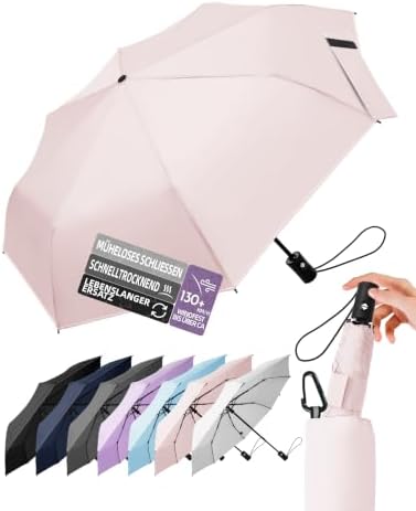 LILAC Regenschirm Klein Stabil Windfest, 110cm Taschenschirm Auf-Zu-Automatik, Kompakter Reiseschirm mit Klettverschluss & Karabiner, Leicht Faltschirm für Damen Herren