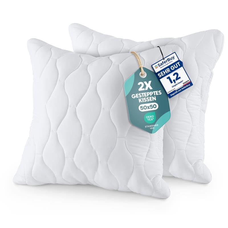 Utopia Bedding Kopfkissen 50x50 cm (2er Set), Gestepptes Kissen für Bett und als Dekokissen, Kissenfüllung, SofaKissen, Zierkissen für Couch (Weiß)