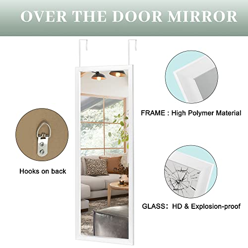 Image of NeuType Full Length Mirror, 44 inch x 16 inch Over The Door or Wall Mount Hanging, 2 Metal Hangers for Bedroom, Bathroom, Living Room Decor, White