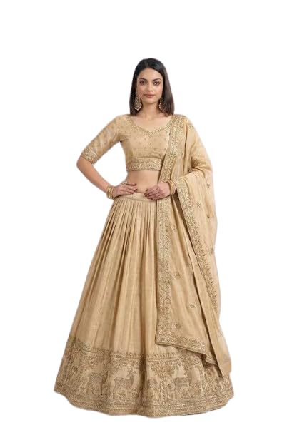 Gold Embroidered Lehenga Choli Set with Dupatta, Traditional Indian Ethnic Wear, Silk Blend, Fabric-Gold Crush (KP-294)-image-21