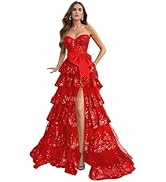 Strapless Tiered Lace Prom Dresses for Women 2025 Long Corset Tulle Ball Gowns with Slit Formal E...