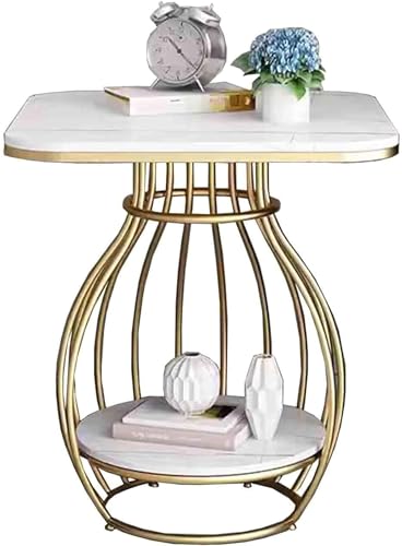 Image of Modern Gold Metal Side Table with White Marble Finish Top & Bottom Shelf, 20 Inch Round End Table, 26 Inch Height Accent Table, Luxury Living Room Sofa Side Table, Bedroom Nightstand, Contemporary