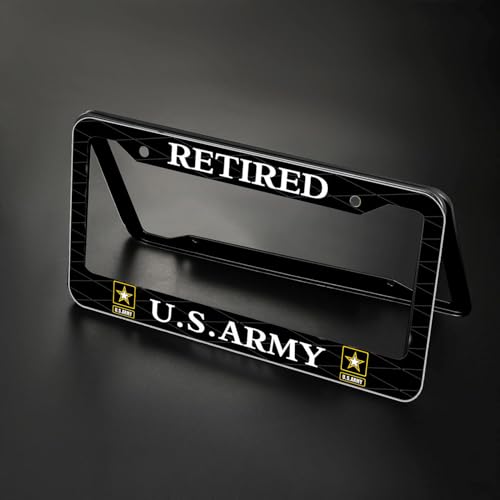 Image of 2PCS License Plate Frames for Retired U.S.Army,Car License Plate Bracket Holder, Premium Aluminum Alloy Weather Proof License Plate Covers with Screw Caps Cover Set Car Accessories