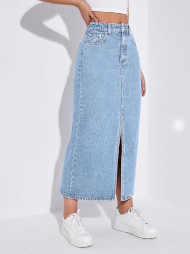 Image of Aahwan Women's & Girl's Black Solid High Waist Slit Below The Knee Denim Skirt