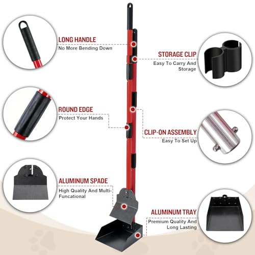 Image of Pooper Scooper for Large Dogs, Adjustable Long Handle Metal Tray and Spade Poop Scooper for Dogs with Bin for Pet Waste Removal, No Bending Clean Up Pooper Scooper for Medium and Large Dogs,Red
