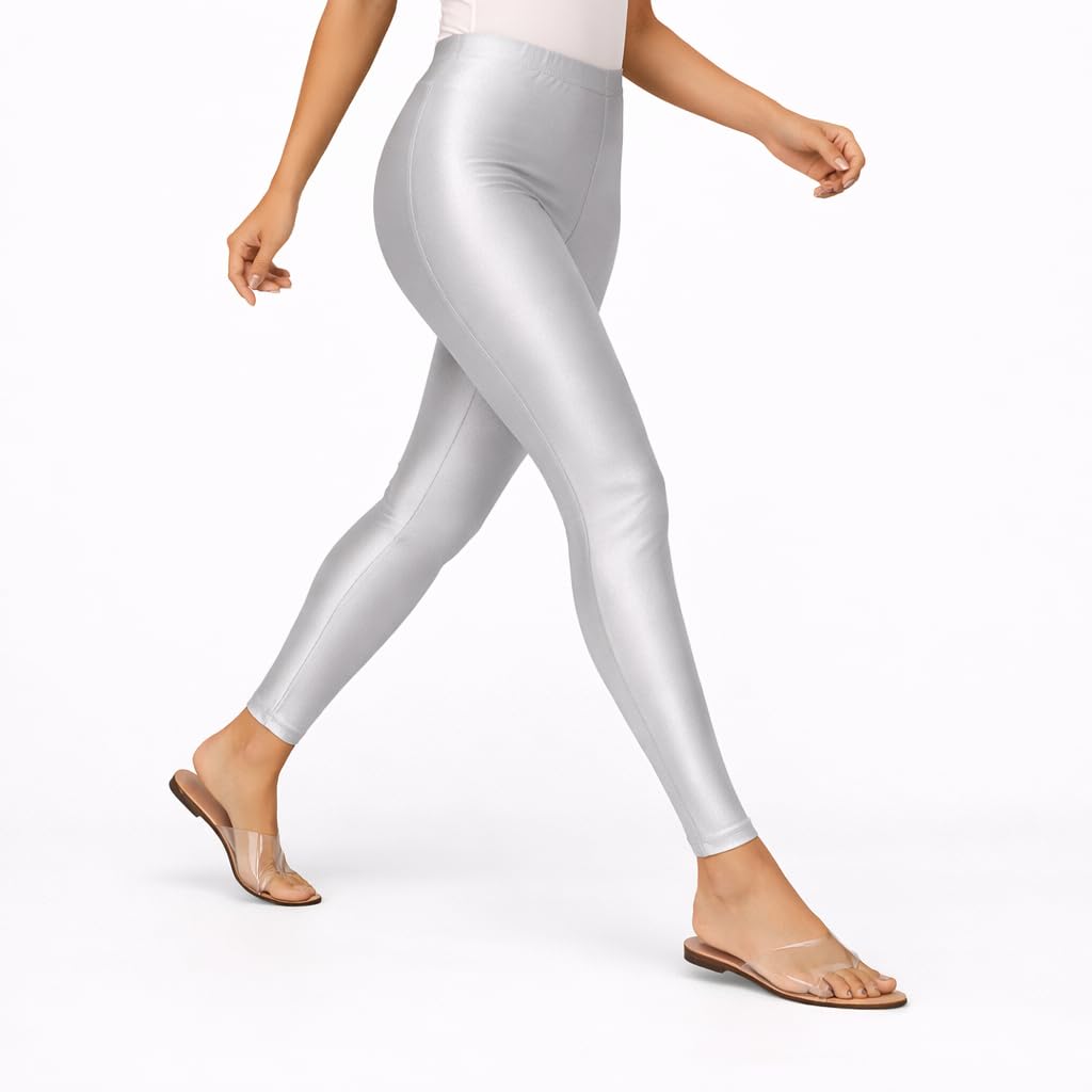 Women Shimmer Leggings | 85% Nylon 15% Elastane | Stylish, Comfortable, Stretchable Slim Fit | Gym Wear, Track Pants, Tights, Casual Wear | Large Size | Silver