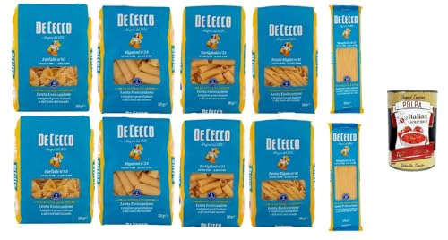De Cecco – Lot Assorti de Pâtes Italiennes (10 × 500 g) : Farfalle n°93, Rigatoni n°24, Tortiglioni n°23, Penne Rigate n°41, Spaghetti n°12 – Séchage lent – Total 5 kg + Italian Gourmet polpa 400g