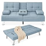 Best Choice Products Linen Modern Folding Futon, Reclining Sofa Bed for Apartment, Dorm w/Removable Armrests, 2 Cupholders - Light Blue