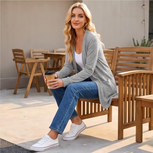Womens Long Cardigan Open Front Long Sleeve Lightweight Sweaters | Women Cardigan with Pockets, Business Casual, Winter Fall Outfits, Loose Fit, Soft, Holiday, Cozy, Streetwear, Grey — view 5