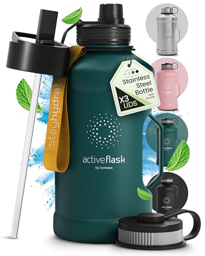 BeMaxx Trinkflasche Edelstahl ACTIVE FLASK + Strohhalm (3 Deckel) | Große 2 2 Liter Sportflasche BPA-frei Auslaufsicher Kohlensäure geeignet 2l XL Wasserflasche Sport Outdoor Fitness Wasser Flasche