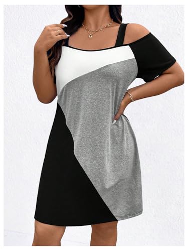 Image of SOLY HUX Women's Plus Size Dress Cold Shoulder Color Block Short Sleeve T Shirt Dress Casual Summer Dresses