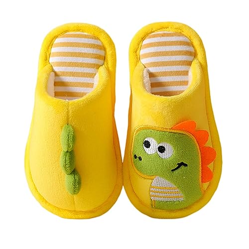 TYUSGH Pantuflas de invierno para niñas y niños, cálidas, esponjosas, lindas pantuflas de dinosaurio de dibujos animados, suaves, antideslizantes, para interiores, Amarillo, 28 EU