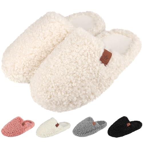 Image of Womens Fuzzy Slippers Wide Width Ladies Arch Support Memory Foam Slippers Warm Comfy faux fur Slip On Indoor House Shoes